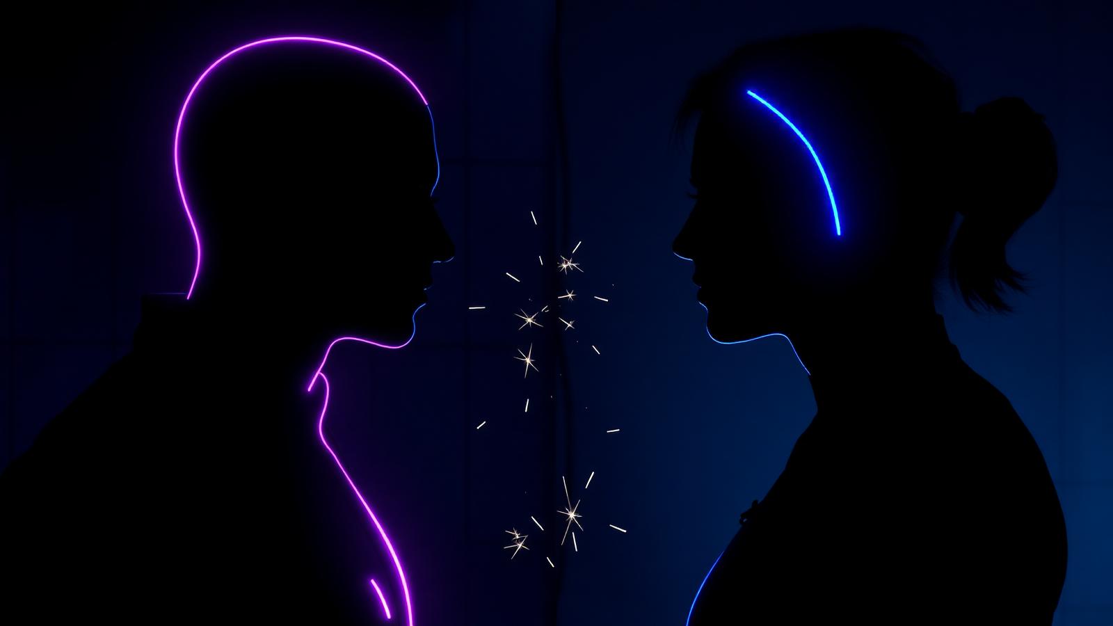 Duas silhuetas neon frente a frente